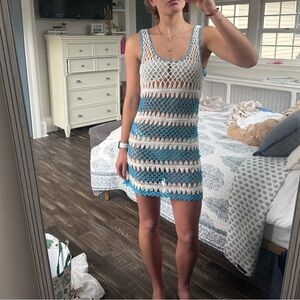 Crochet Sleeveless Dress in Blue and White